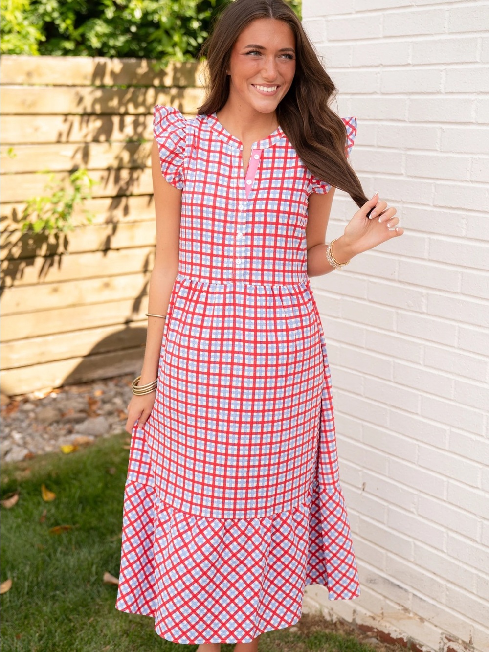 Mary Square Women's Pink and White Checked Ruffle-Sleeve Midi Dress Size Medium